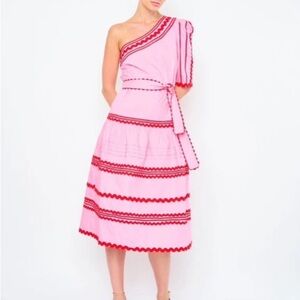 Flora Bea Kerrin Pink Red Colorblock One Shoulder Midi Dress Cotton NWT Small